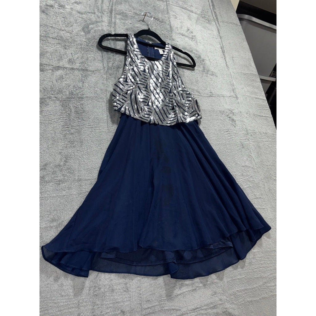 Speechless Womens 3 Navy Blue Silver Sequin Halter Fit & Flare Dress