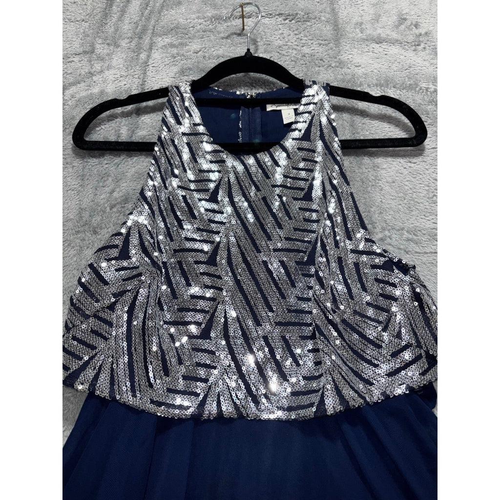 Speechless Womens 3 Navy Blue Silver Sequin Halter Fit & Flare Dress