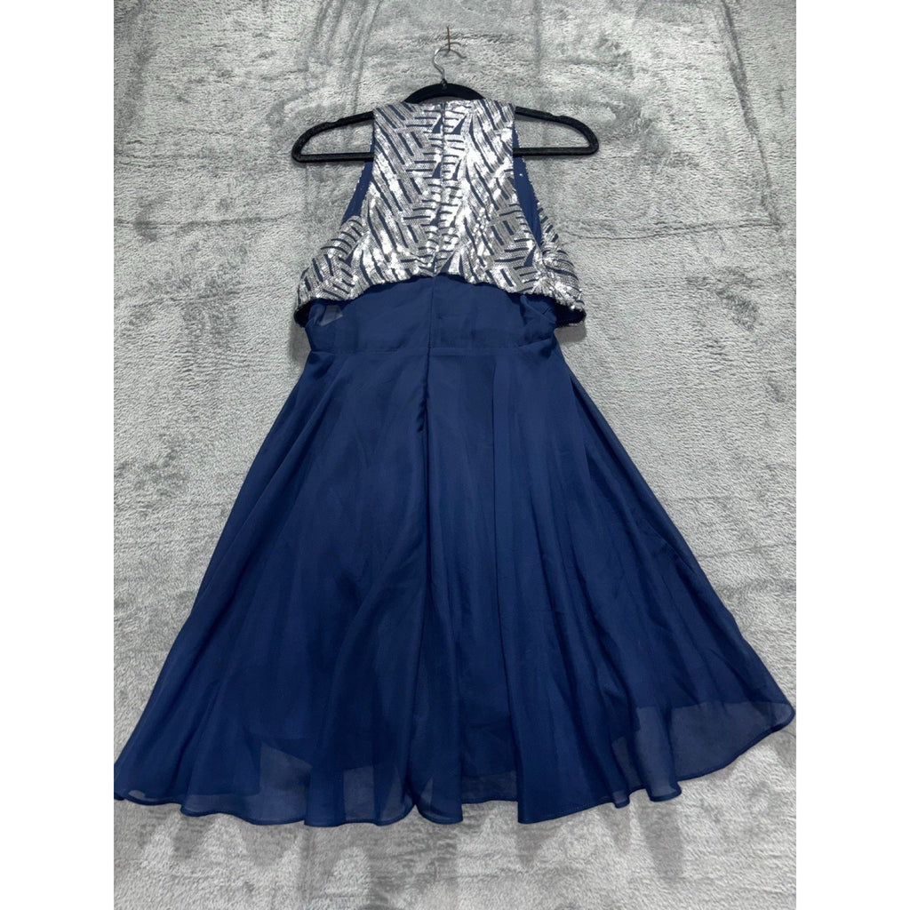 Speechless Womens 3 Navy Blue Silver Sequin Halter Fit & Flare Dress