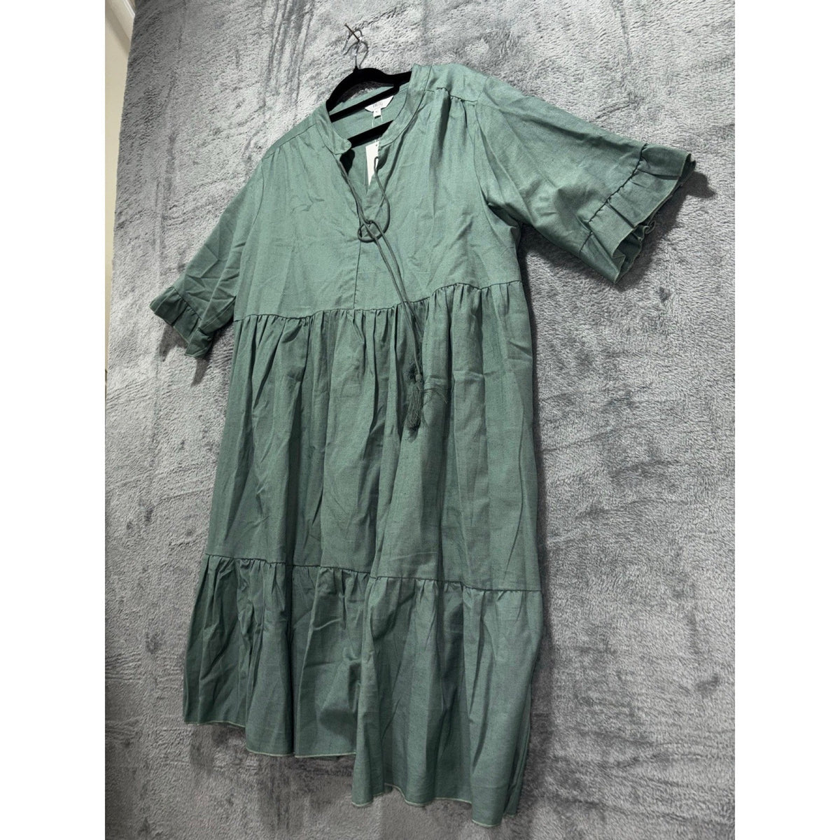 Kaktus Studio XL Green Tiered Tassel Dress Womens Boho Casual Cottagecore Cotton