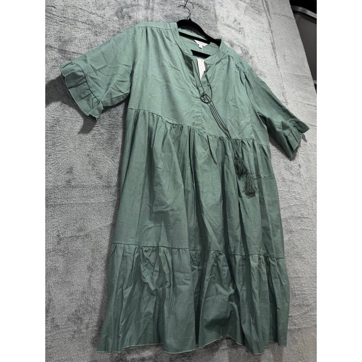 Kaktus Studio XL Green Tiered Tassel Dress Womens Boho Casual Cottagecore Cotton