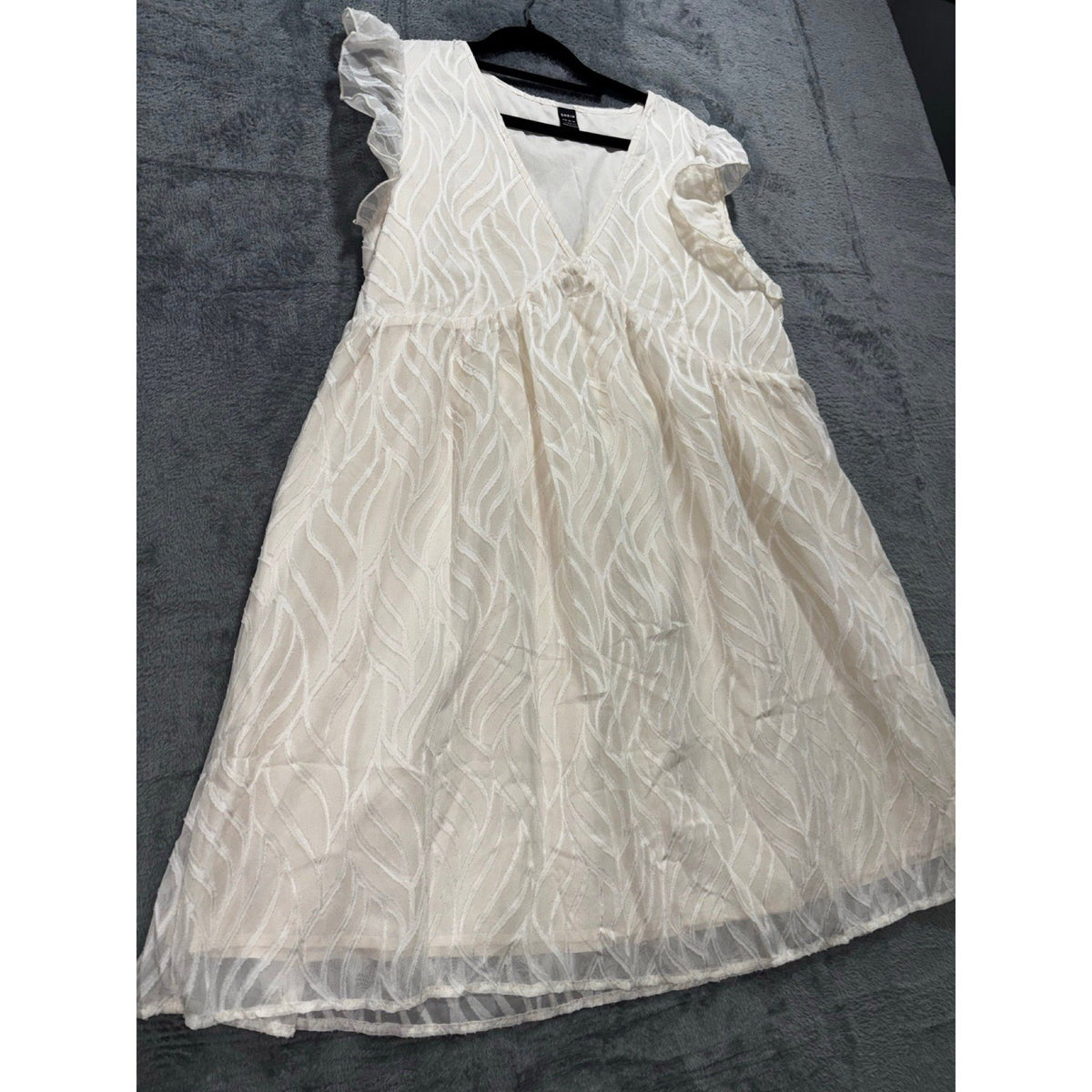 SHEIN L White Womens V-Neck Ruffle Sleeve Dress Boho Cottagecore Casual