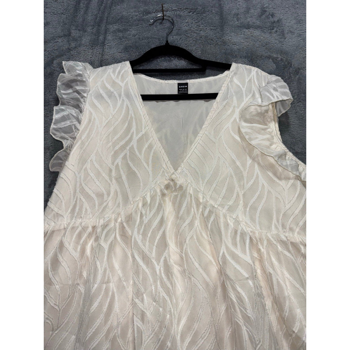 SHEIN L White Womens V-Neck Ruffle Sleeve Dress Boho Cottagecore Casual