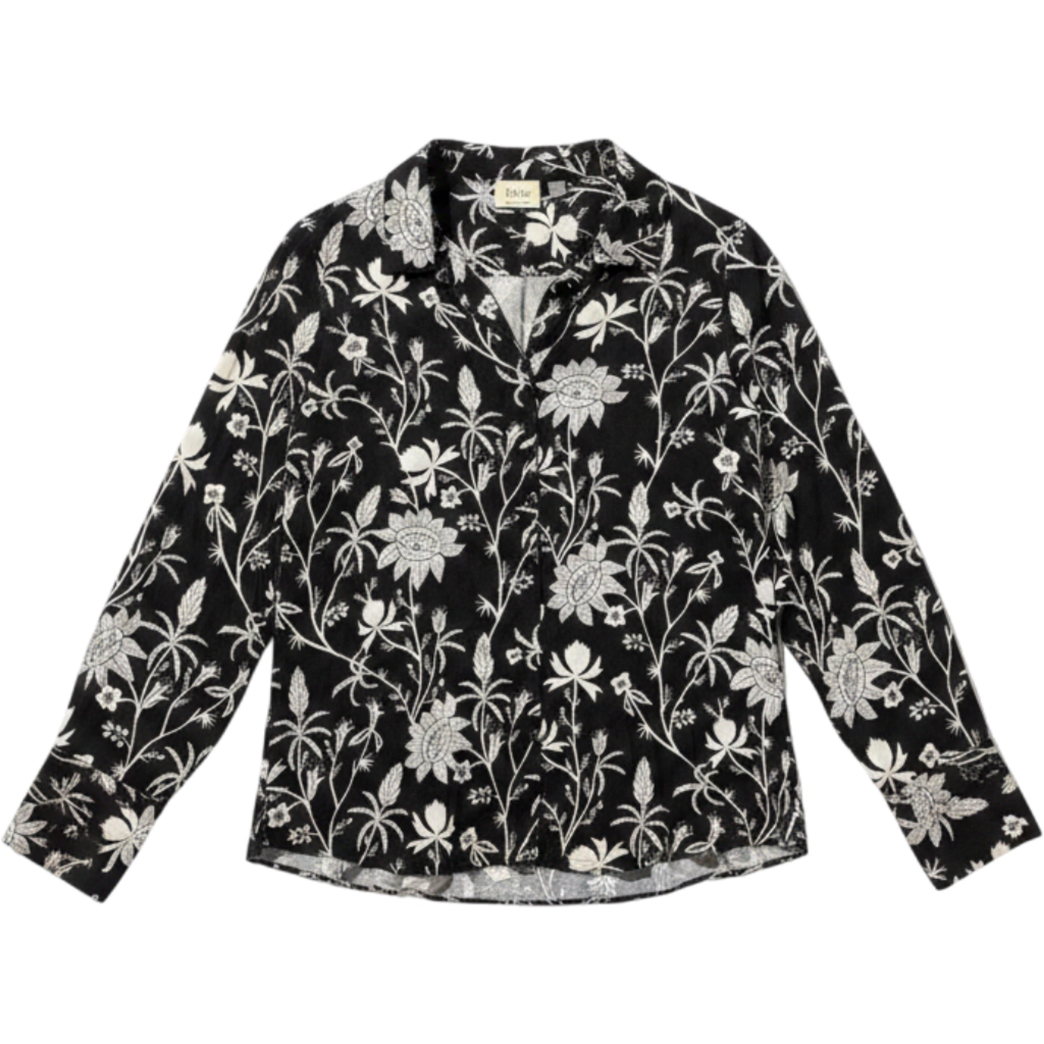Elie Tahari Floral Button Front Blouse Womens Large Black White Coastal Vacation