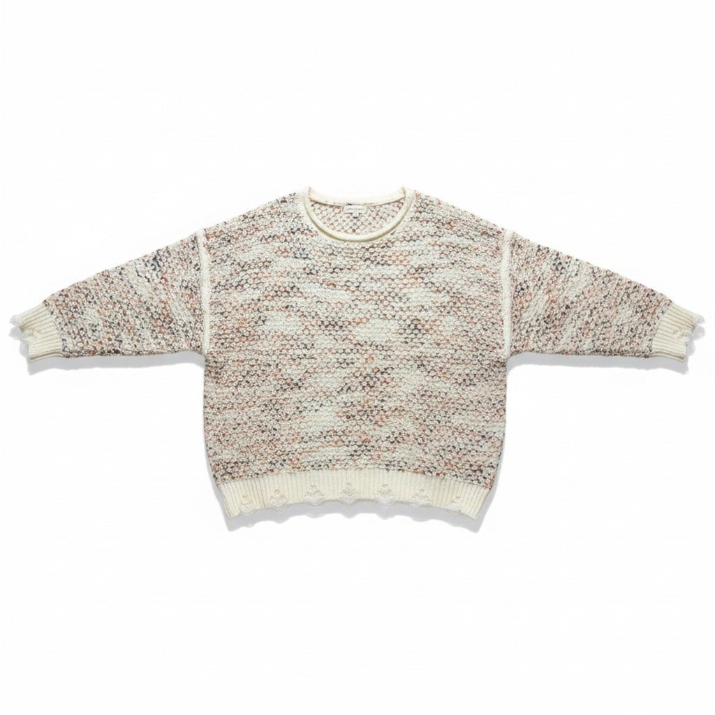 PROMESA L Cream Multi Distressed Knit Sweater Womens Boho Casual