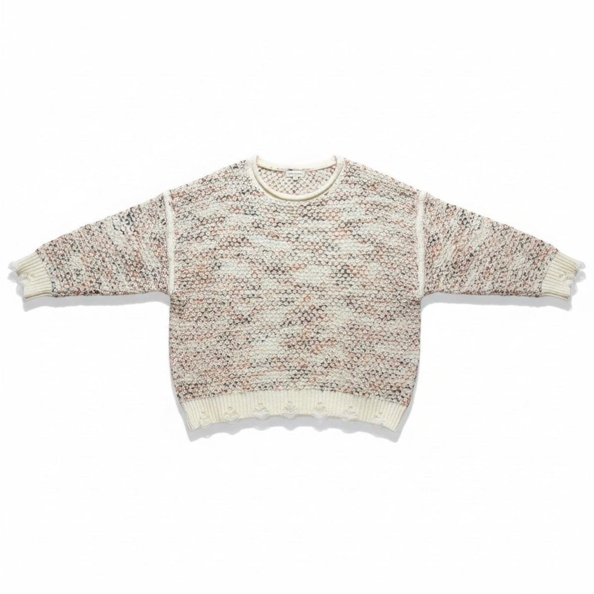 PROMESA L Cream Multi Distressed Knit Sweater Womens Boho Casual