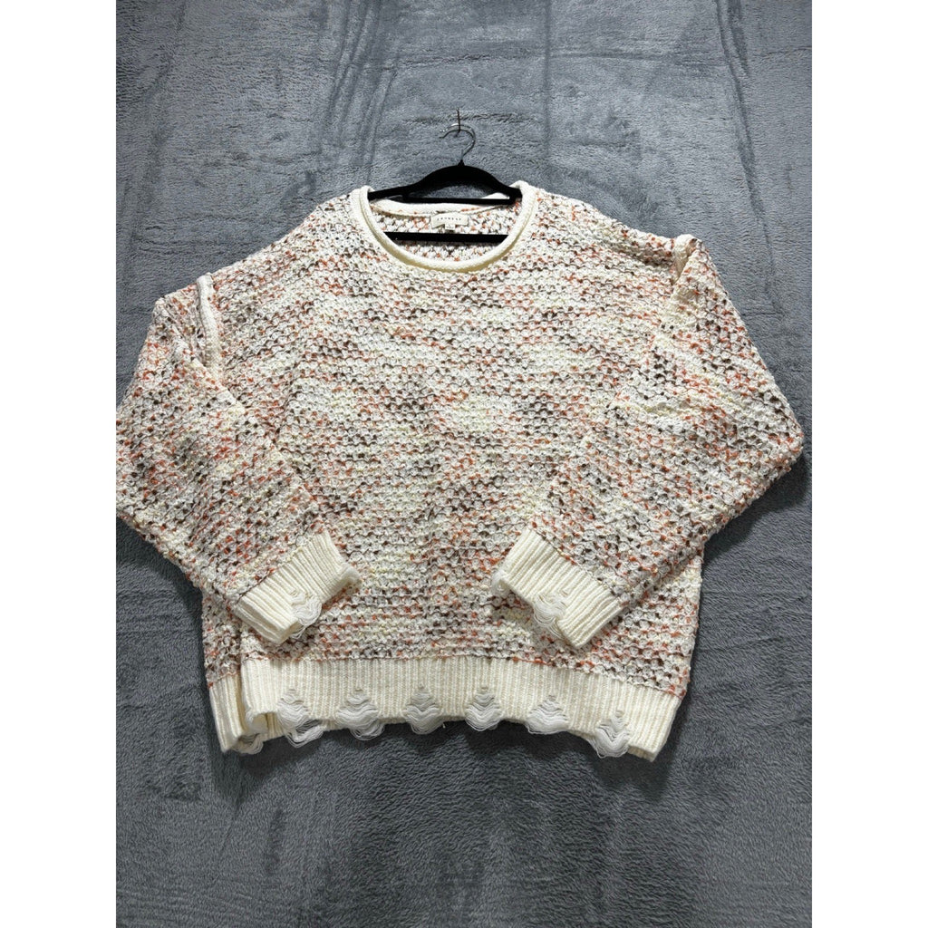 PROMESA L Cream Multi Distressed Knit Sweater Womens Boho Casual
