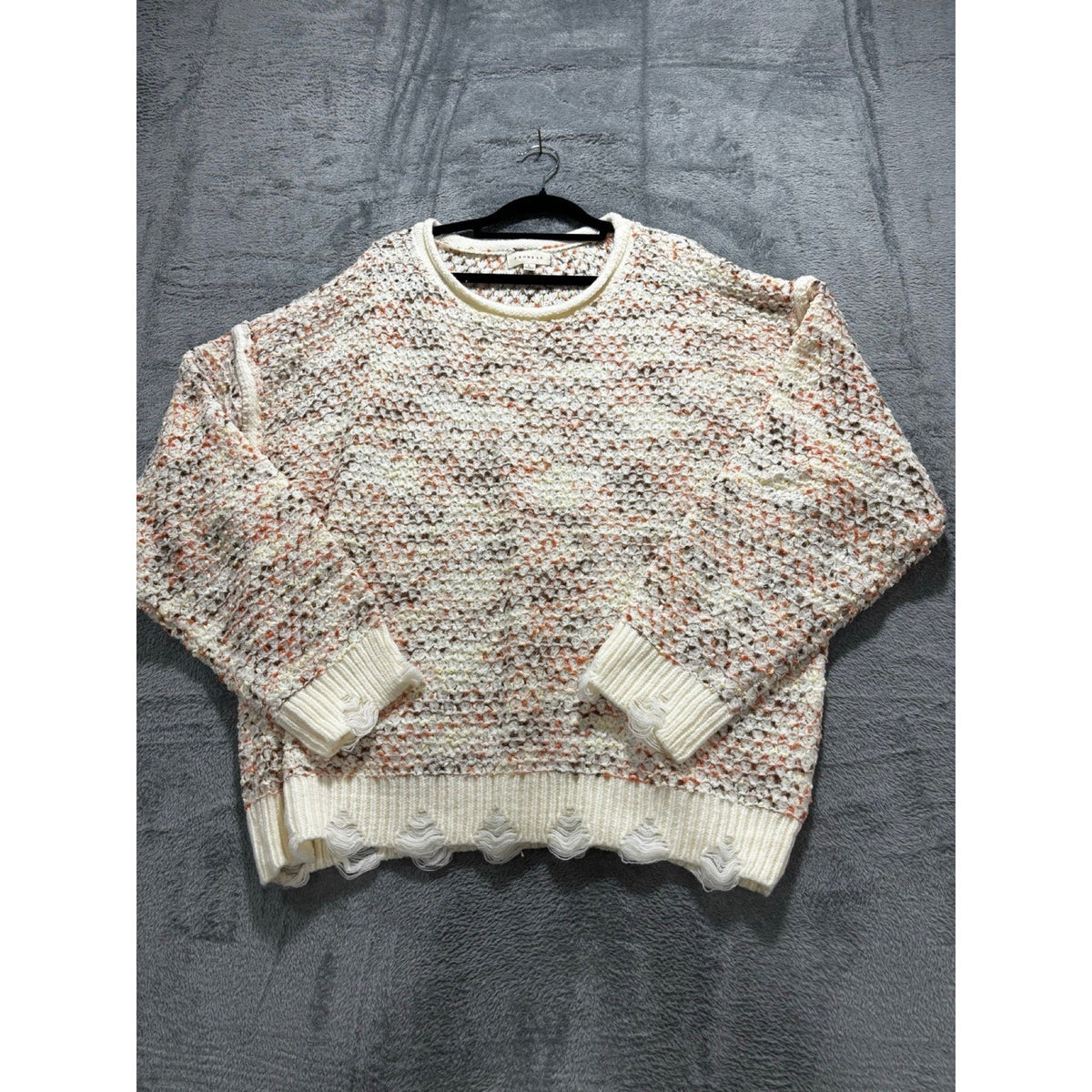 PROMESA L Cream Multi Distressed Knit Sweater Womens Boho Casual
