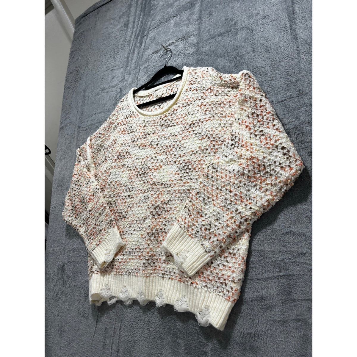 PROMESA L Cream Multi Distressed Knit Sweater Womens Boho Casual