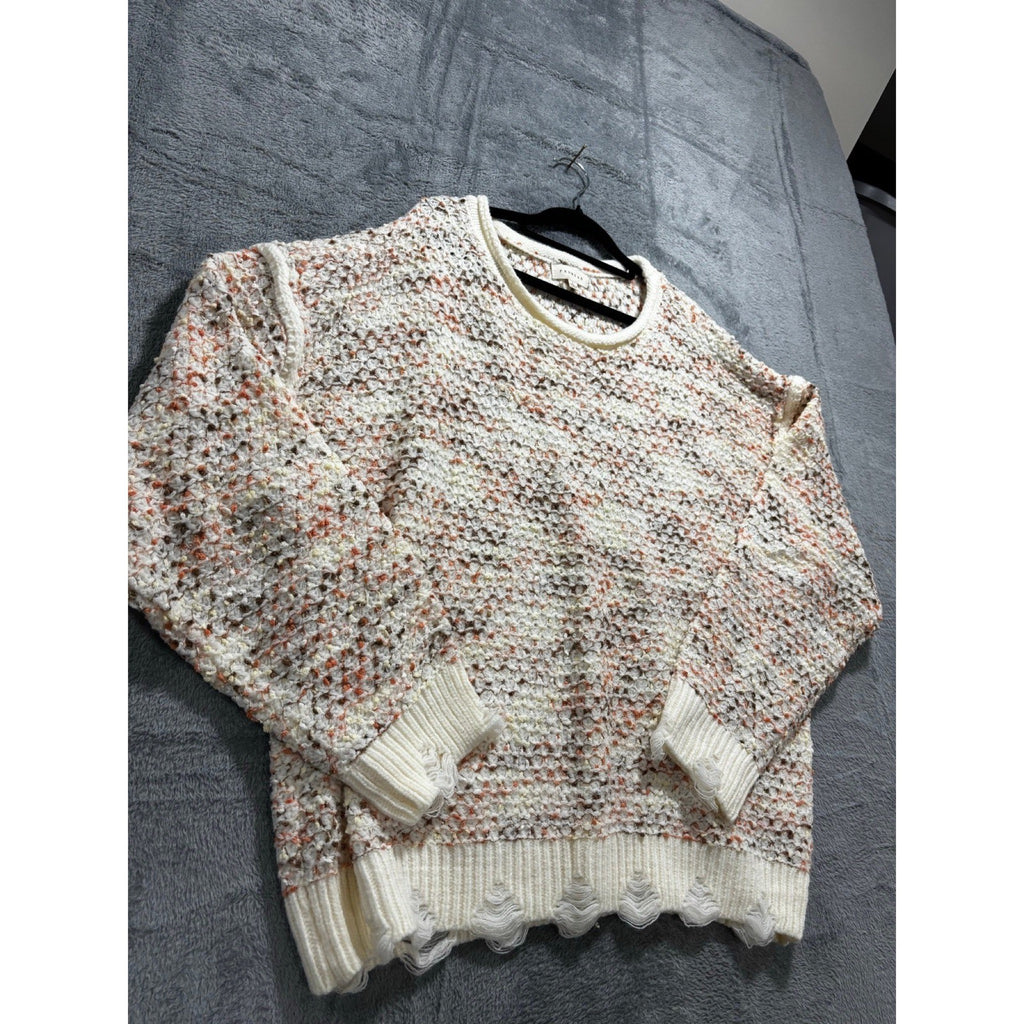 PROMESA L Cream Multi Distressed Knit Sweater Womens Boho Casual