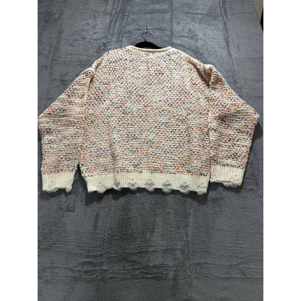 PROMESA L Cream Multi Distressed Knit Sweater Womens Boho Casual