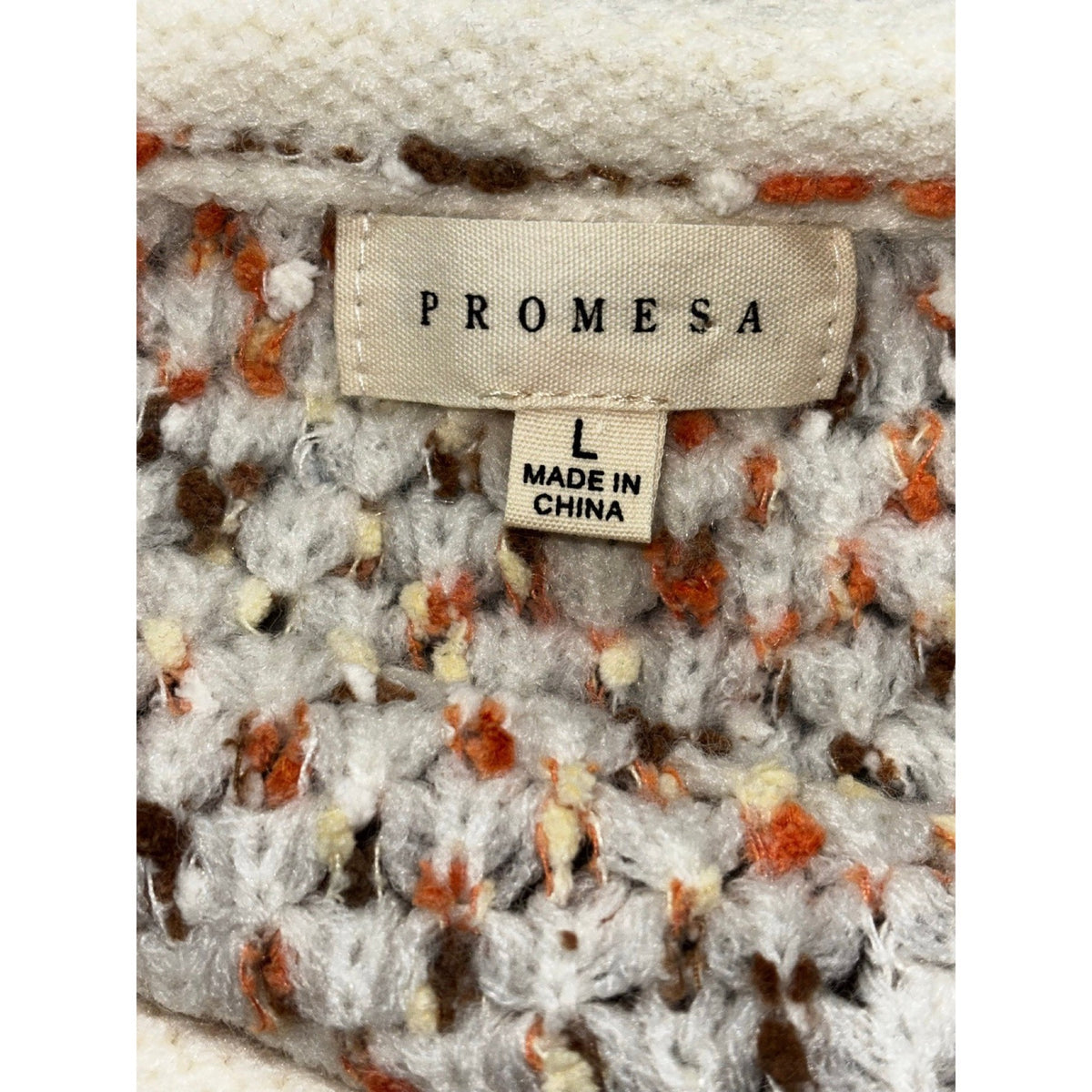 PROMESA L Cream Multi Distressed Knit Sweater Womens Boho Casual
