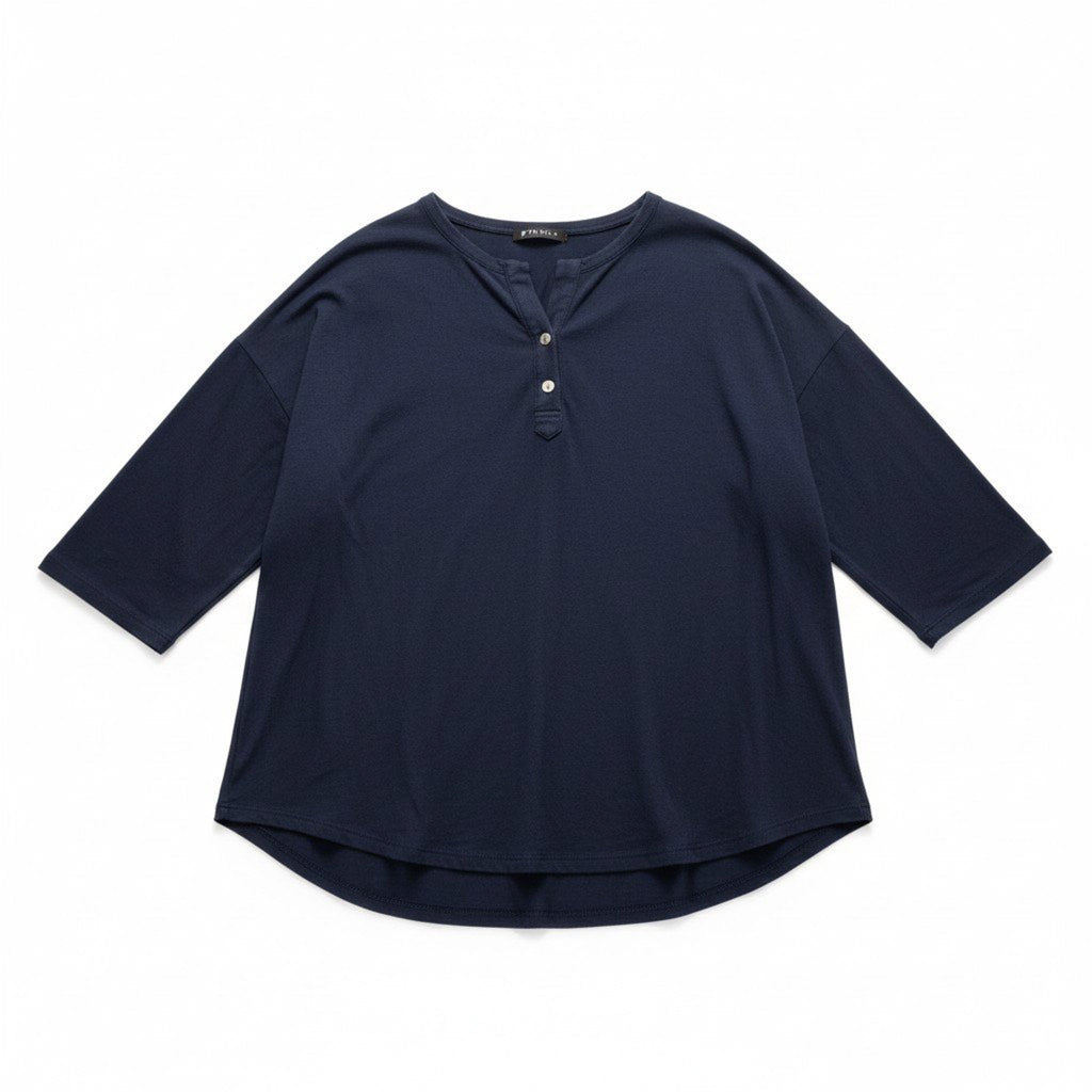 Project Womens L Navy 3/4 Sleeve Henley Tunic Top Casual Boho