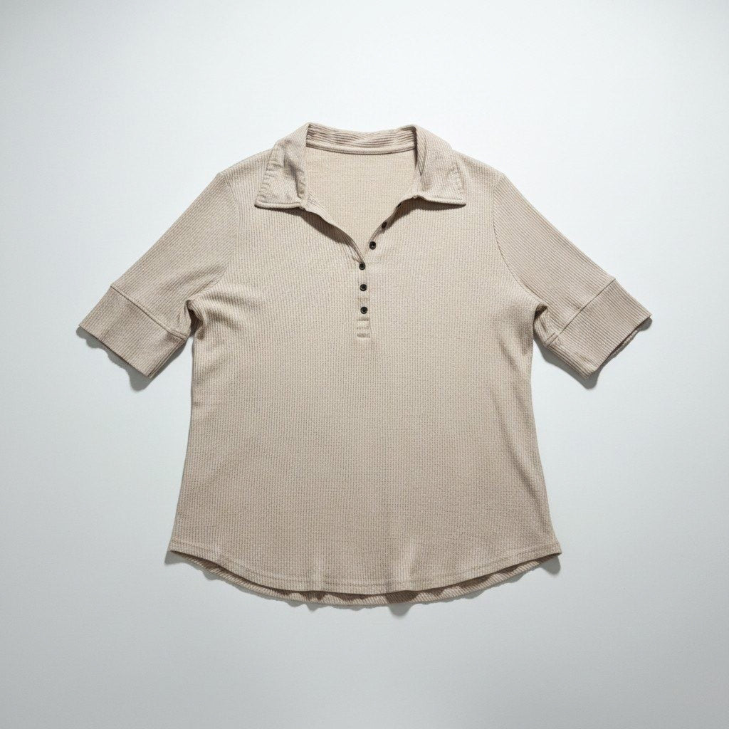 Jane + Delancey XL Beige Ribbed Henley Polo Top Womens Casual Cozy Short Sleeve