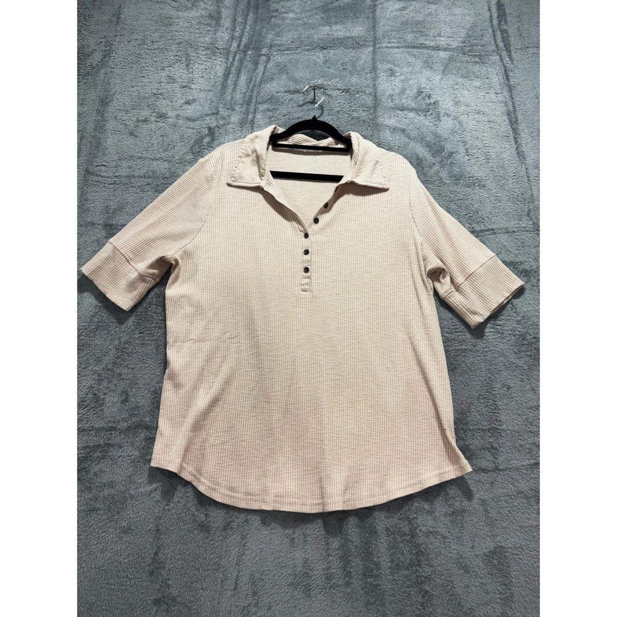 Jane + Delancey XL Beige Ribbed Henley Polo Top Womens Casual Cozy Short Sleeve