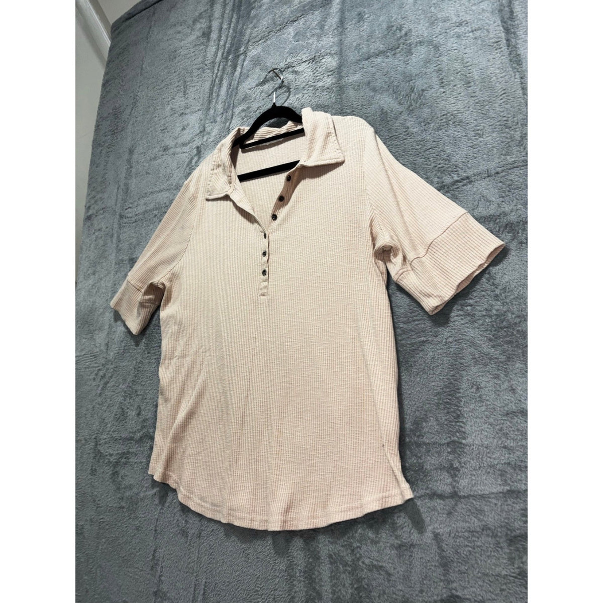 Jane + Delancey XL Beige Ribbed Henley Polo Top Womens Casual Cozy Short Sleeve