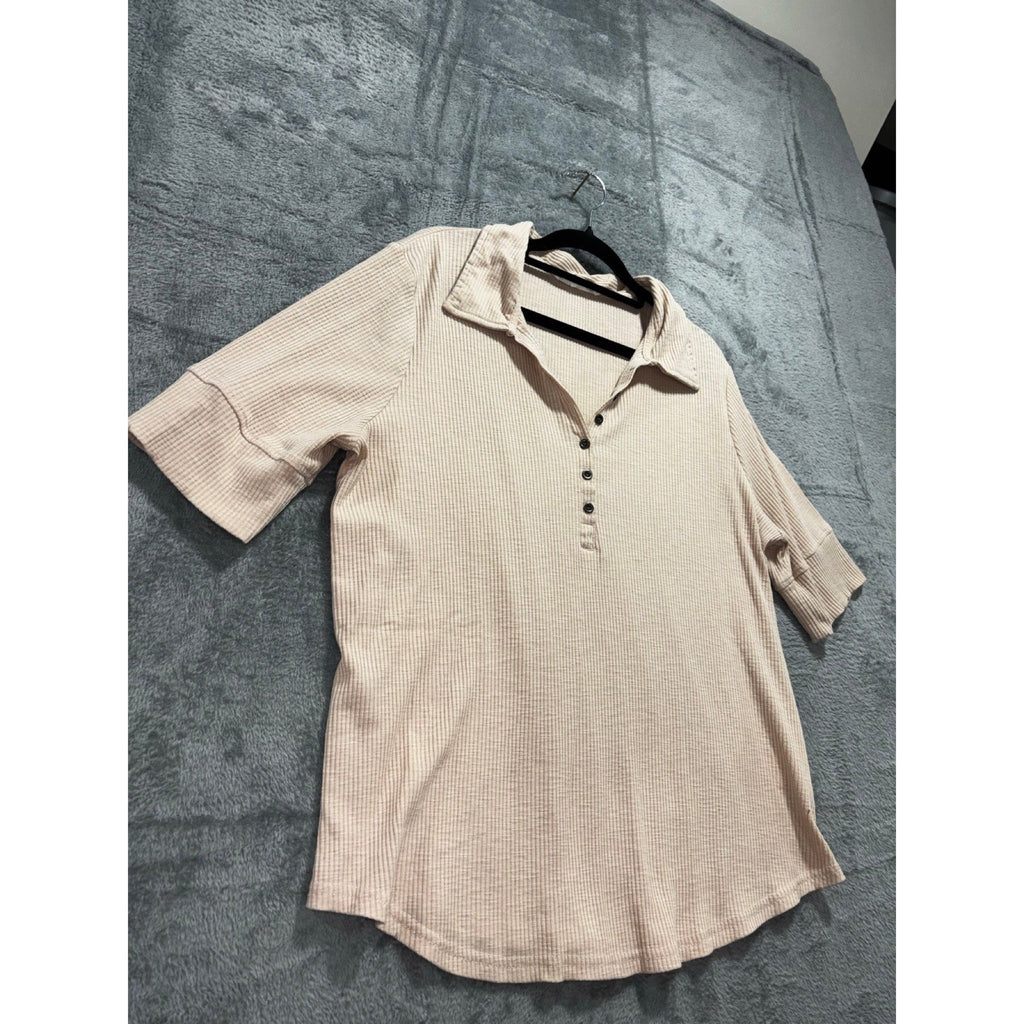 Jane + Delancey XL Beige Ribbed Henley Polo Top Womens Casual Cozy Short Sleeve