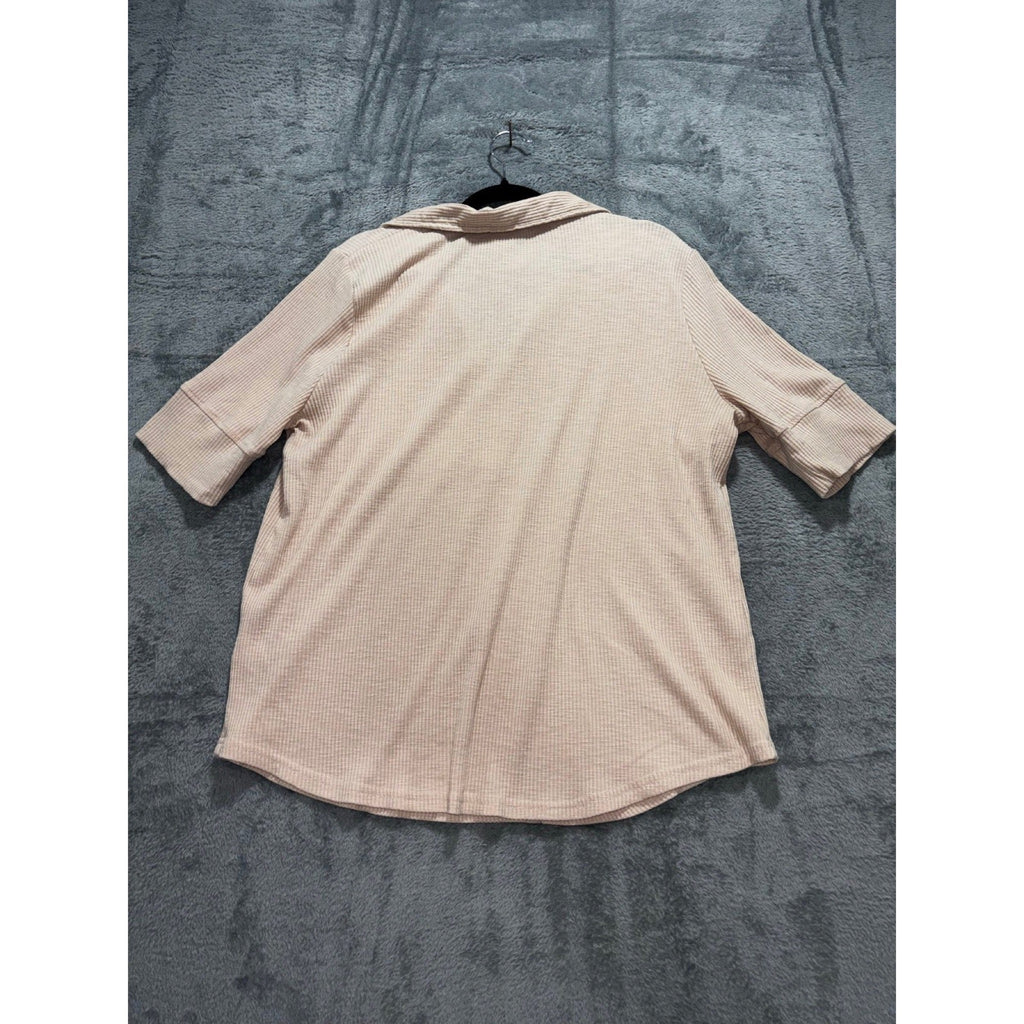 Jane + Delancey XL Beige Ribbed Henley Polo Top Womens Casual Cozy Short Sleeve