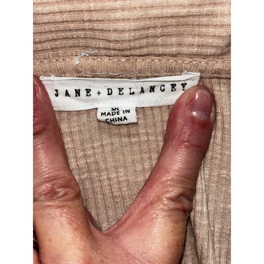 Jane + Delancey XL Beige Ribbed Henley Polo Top Womens Casual Cozy Short Sleeve