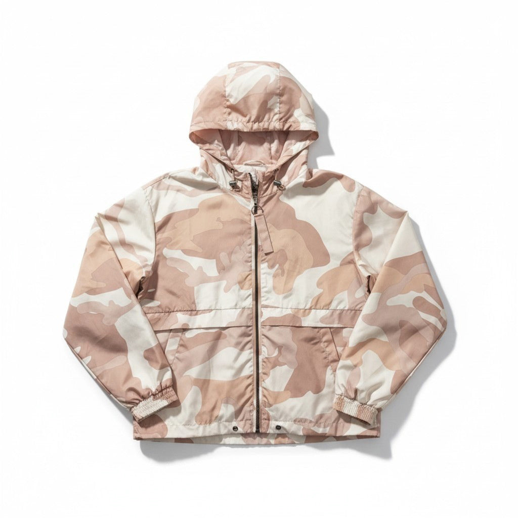 Forever 21 L Pink Tan Camo Windbreaker Jacket Womens Casual Athleisure Hooded