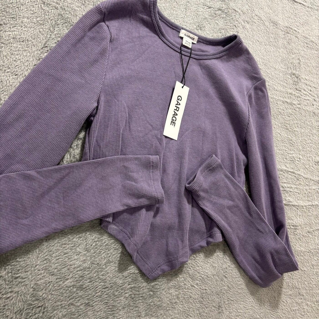 Garage Womens XS Purple Ribbed Bandana Hem Long Sleeve Top Y2K Festival Boho