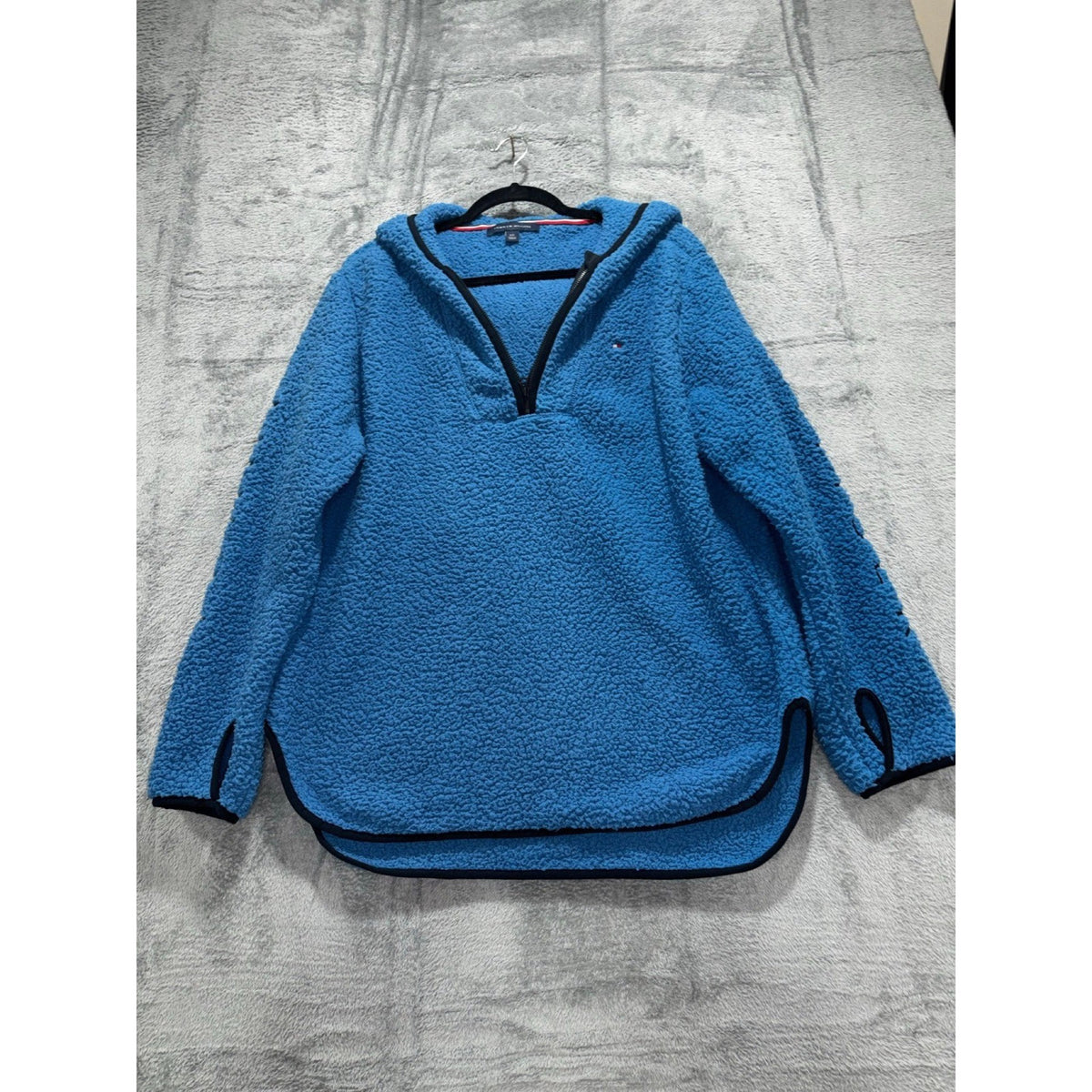 Tommy Hilfiger L Blue Sherpa Hoodie Womens Pullover Cozy Casual