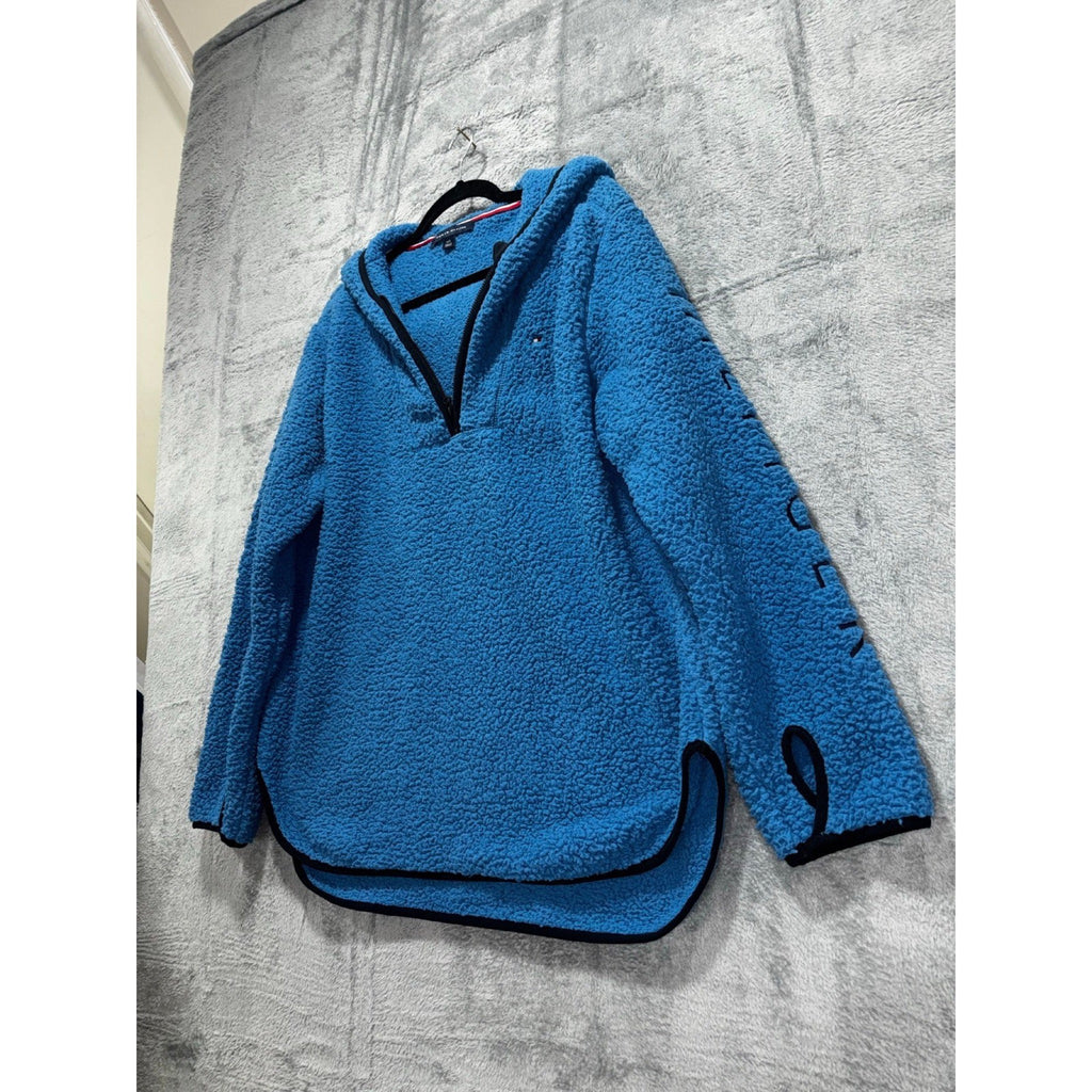 Tommy Hilfiger L Blue Sherpa Hoodie Womens Pullover Cozy Casual