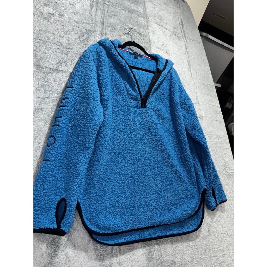 Tommy Hilfiger L Blue Sherpa Hoodie Womens Pullover Cozy Casual