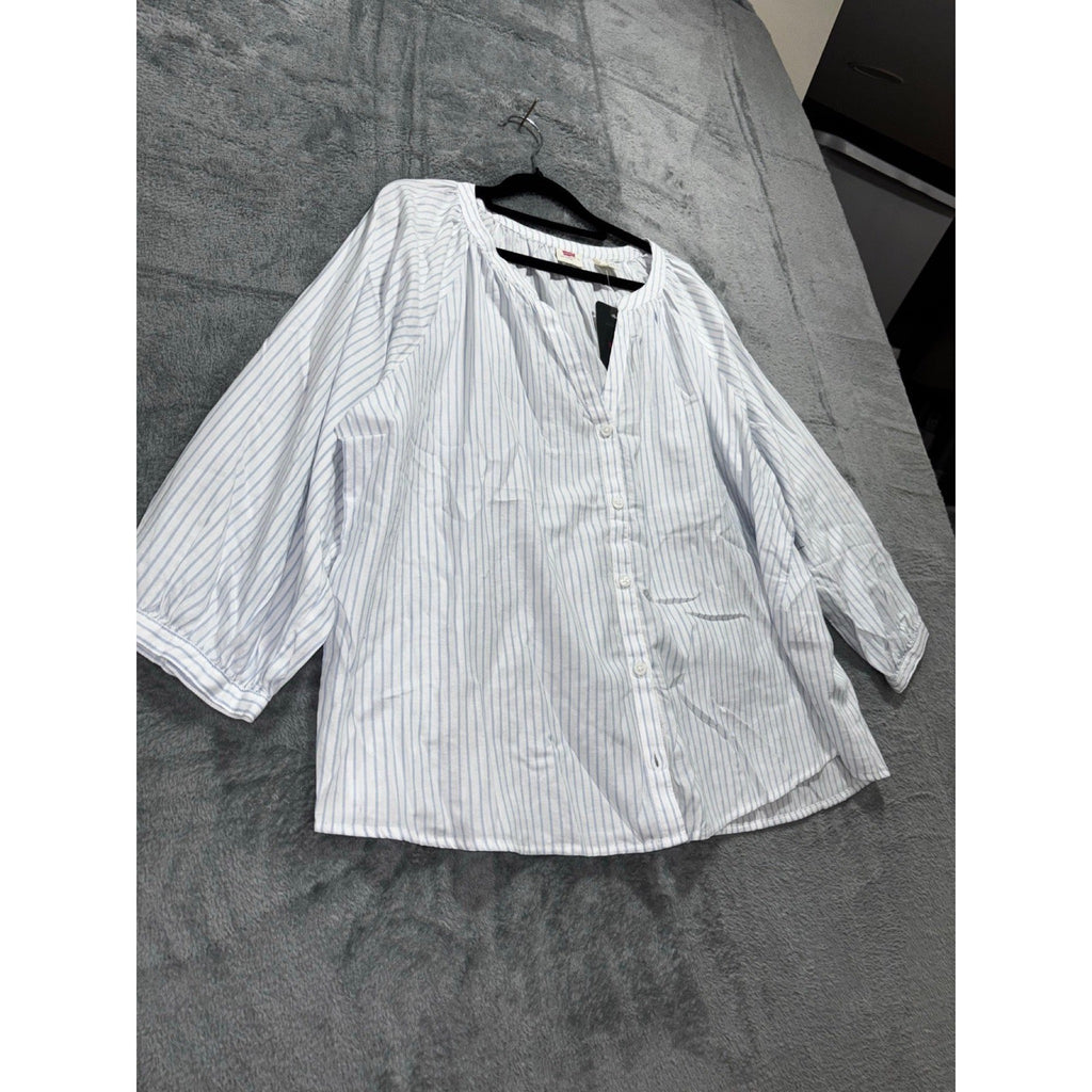 Levi's XL White Blue Striped Button Up Blouse Womens Boho Casual Top