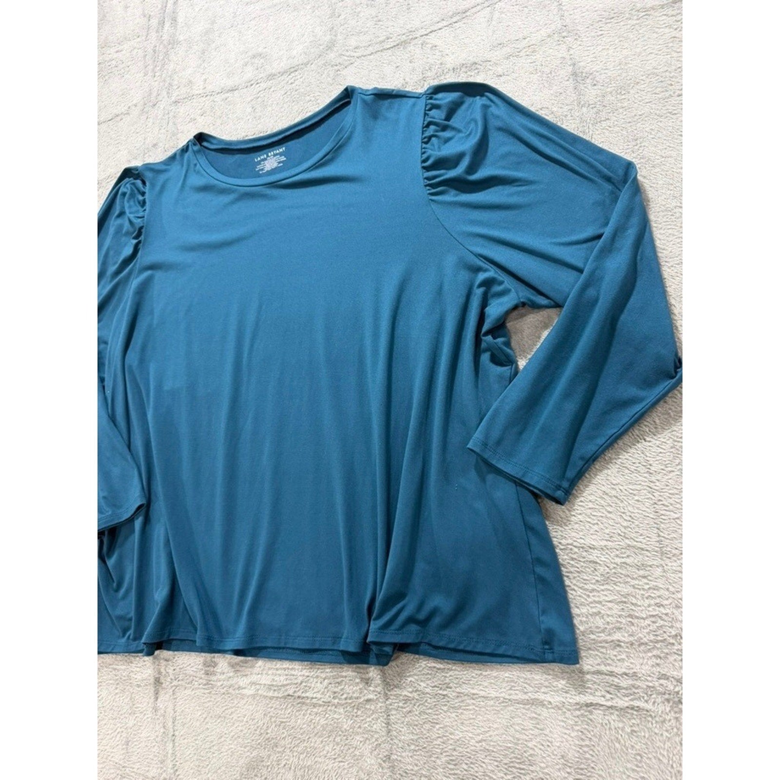 Lane Bryant Teal Blue Puff Shoulder Long Sleeve Top Plus Size 26/28 Round Neck