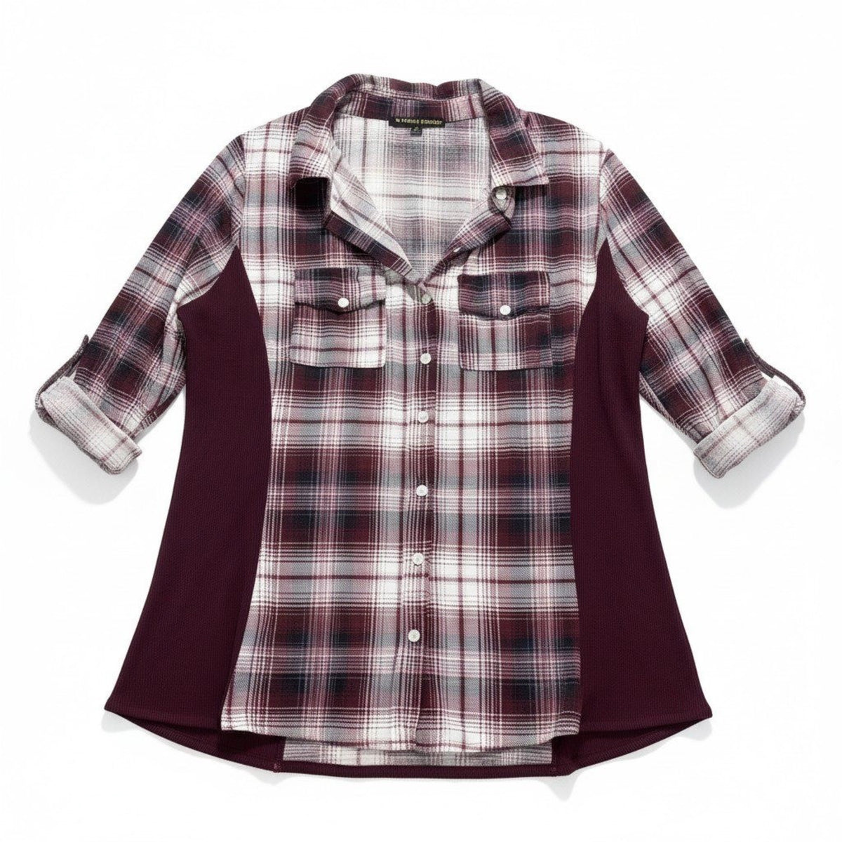 Always Indigo Womens 1X Burgundy Plaid Button Up Shirt Boho Casual Mixed Media