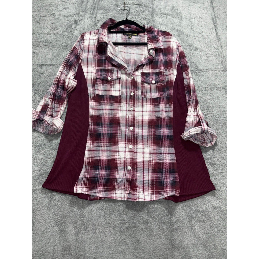 Always Indigo Womens 1X Burgundy Plaid Button Up Shirt Boho Casual Mixed Media