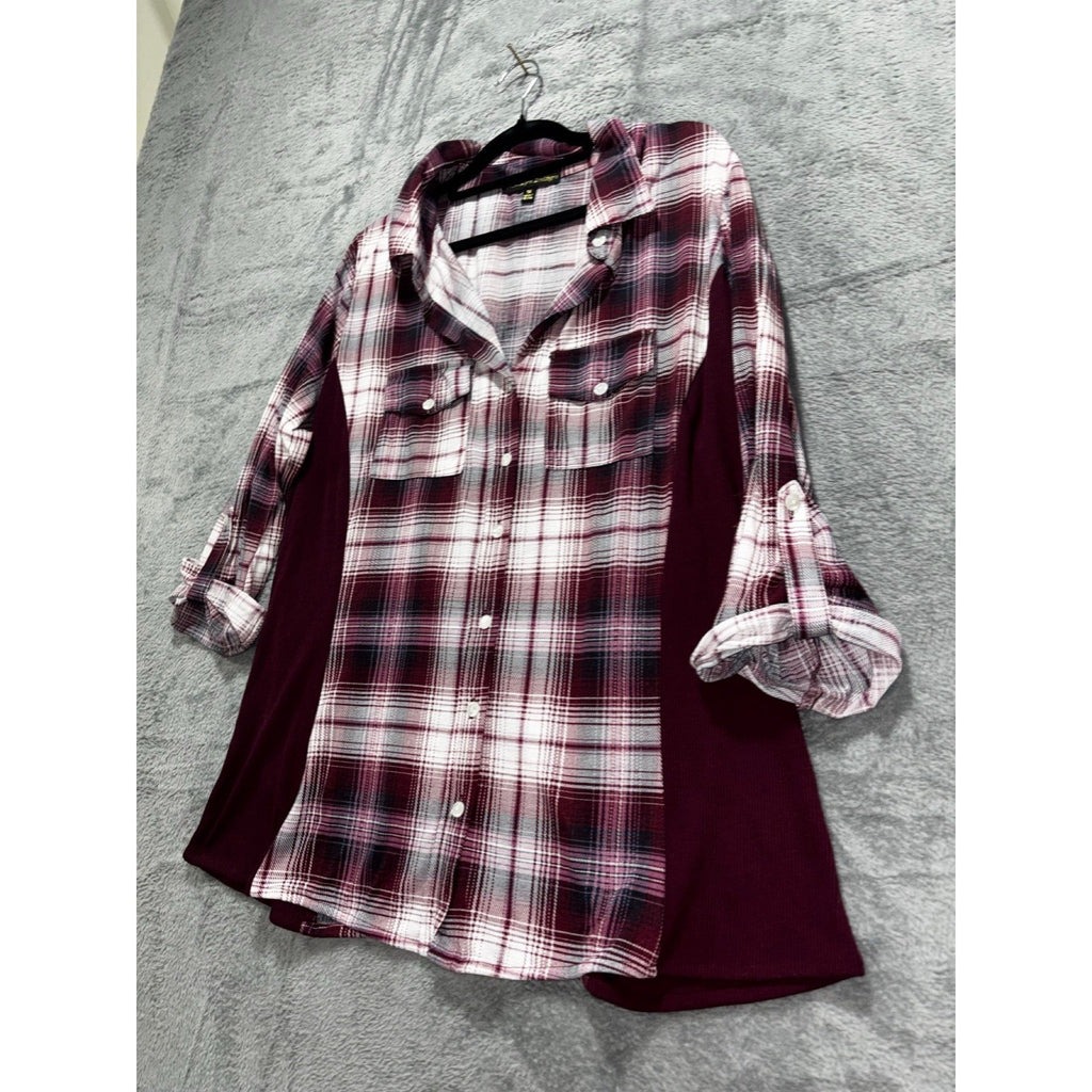 Always Indigo Womens 1X Burgundy Plaid Button Up Shirt Boho Casual Mixed Media