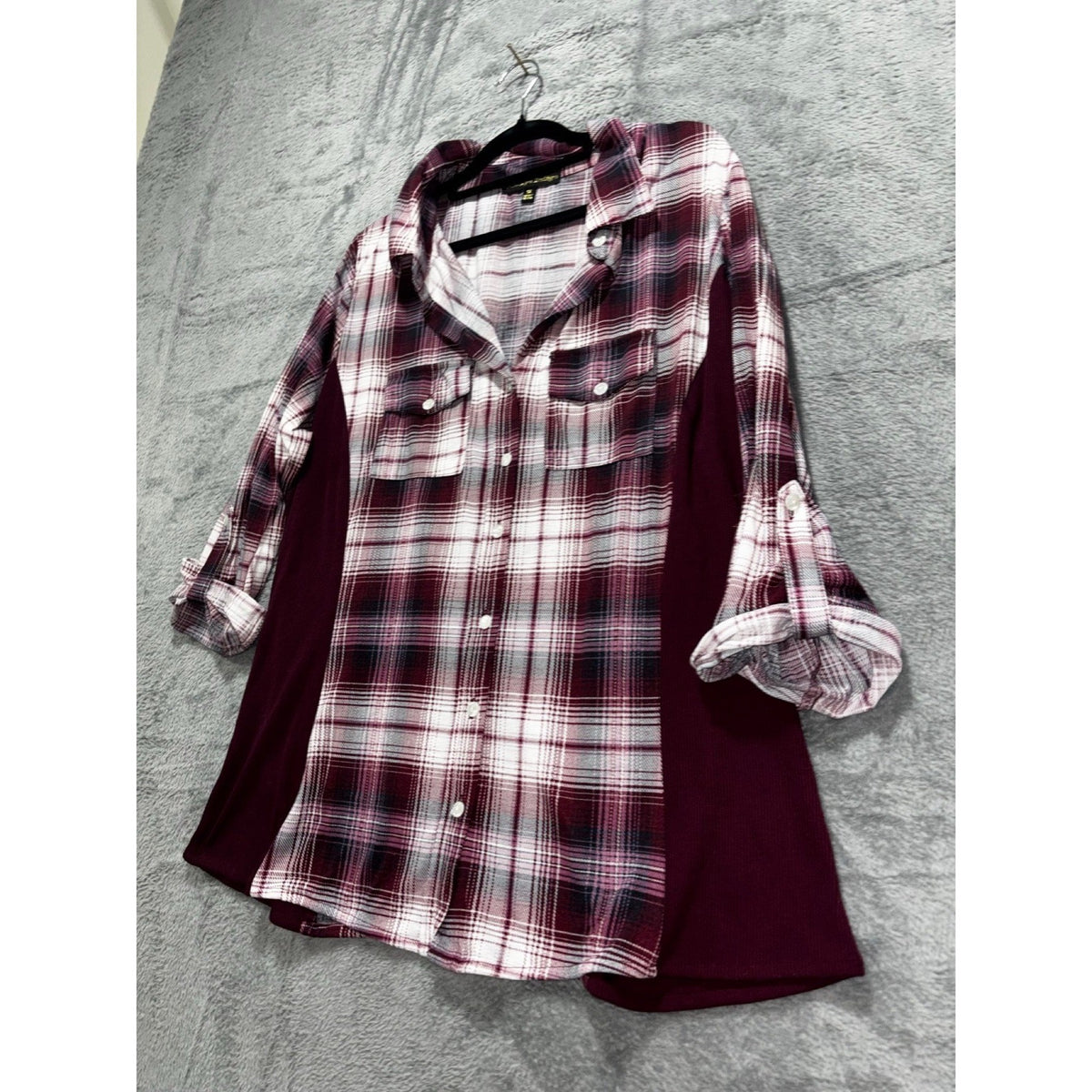 Always Indigo Womens 1X Burgundy Plaid Button Up Shirt Boho Casual Mixed Media