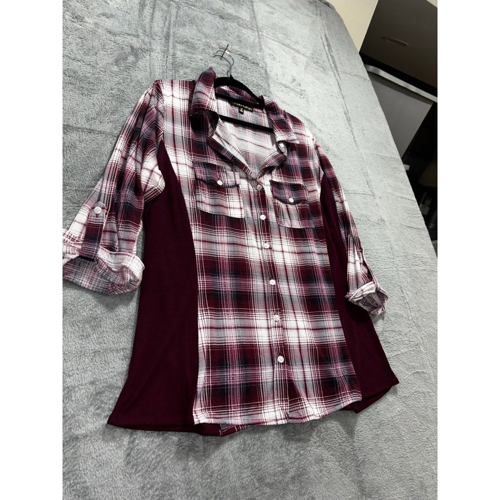 Always Indigo Womens 1X Burgundy Plaid Button Up Shirt Boho Casual Mixed Media
