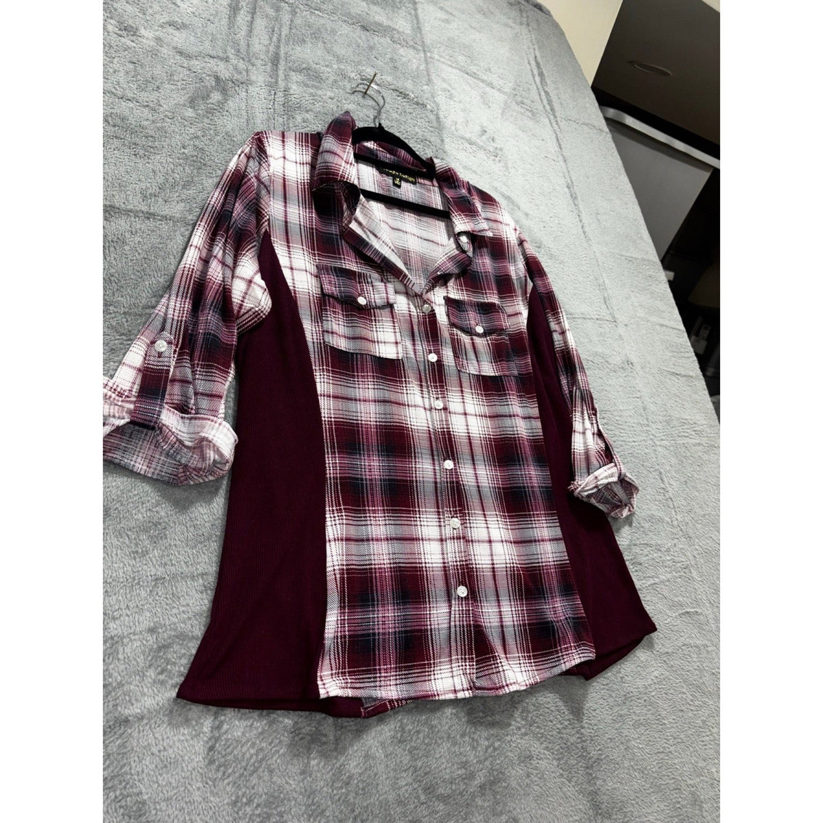 Always Indigo Womens 1X Burgundy Plaid Button Up Shirt Boho Casual Mixed Media