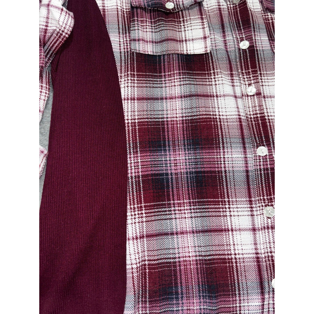 Always Indigo Womens 1X Burgundy Plaid Button Up Shirt Boho Casual Mixed Media
