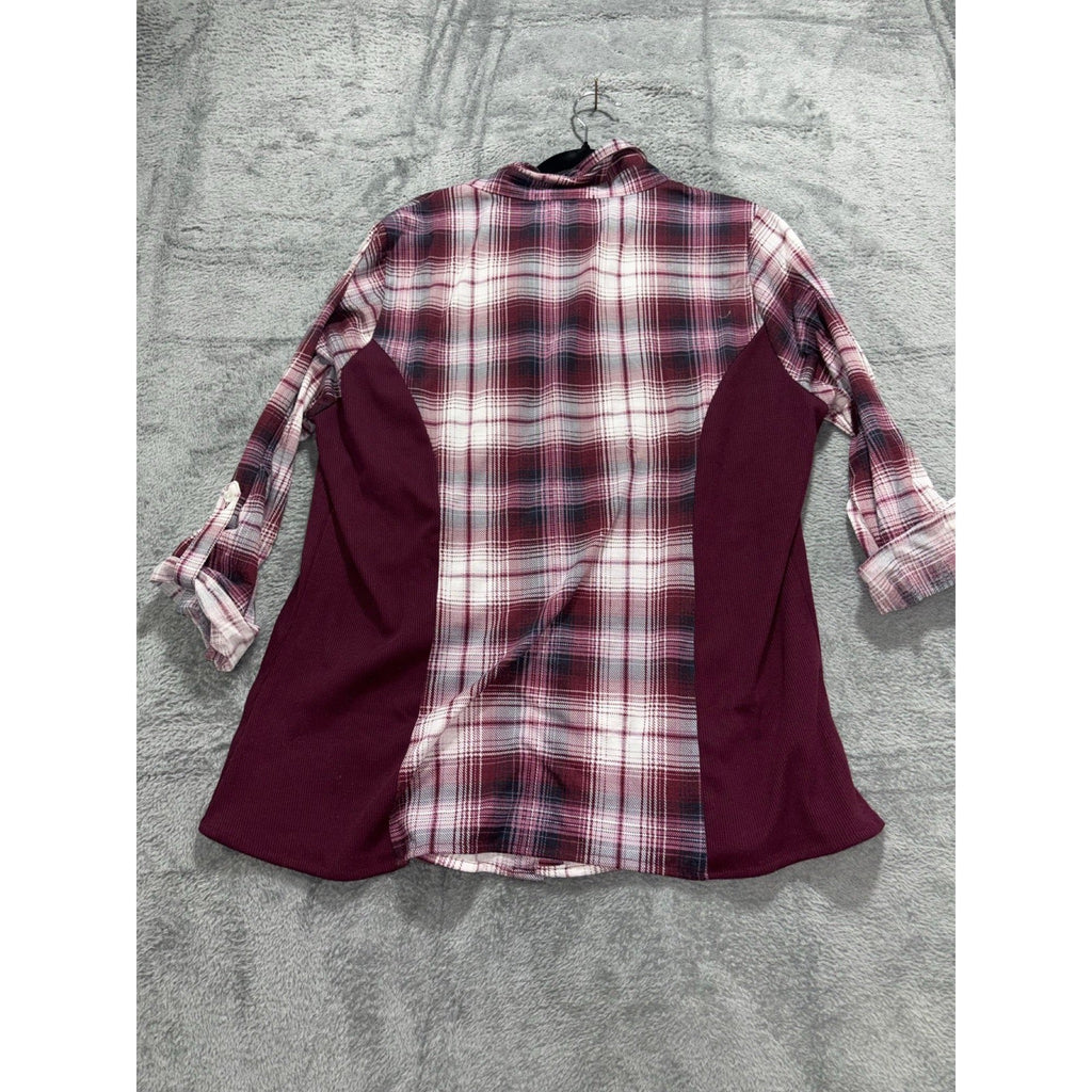 Always Indigo Womens 1X Burgundy Plaid Button Up Shirt Boho Casual Mixed Media
