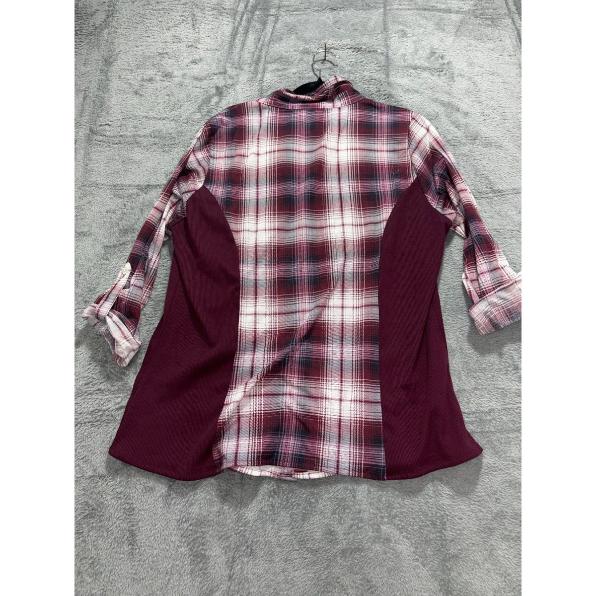 Always Indigo Womens 1X Burgundy Plaid Button Up Shirt Boho Casual Mixed Media