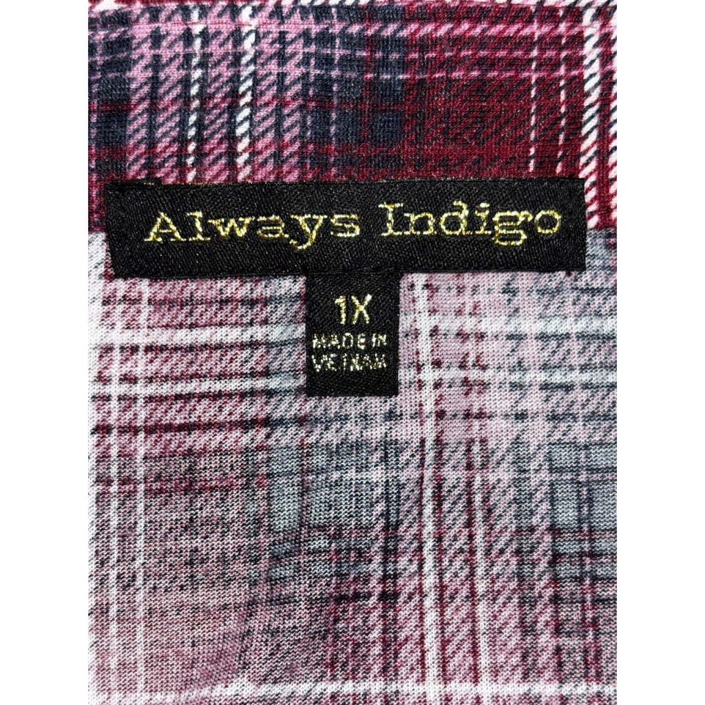 Always Indigo Womens 1X Burgundy Plaid Button Up Shirt Boho Casual Mixed Media