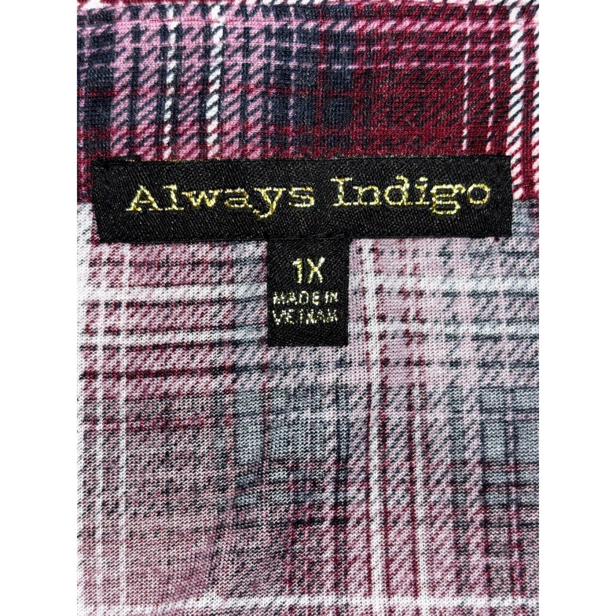 Always Indigo Womens 1X Burgundy Plaid Button Up Shirt Boho Casual Mixed Media