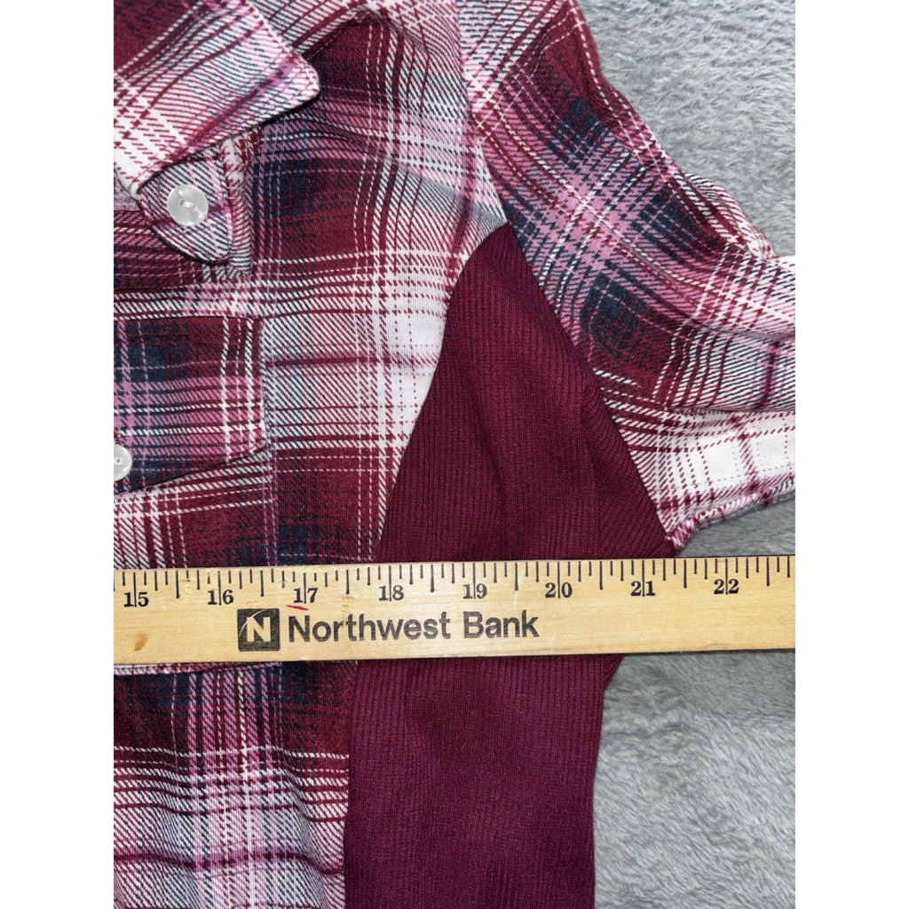 Always Indigo Womens 1X Burgundy Plaid Button Up Shirt Boho Casual Mixed Media