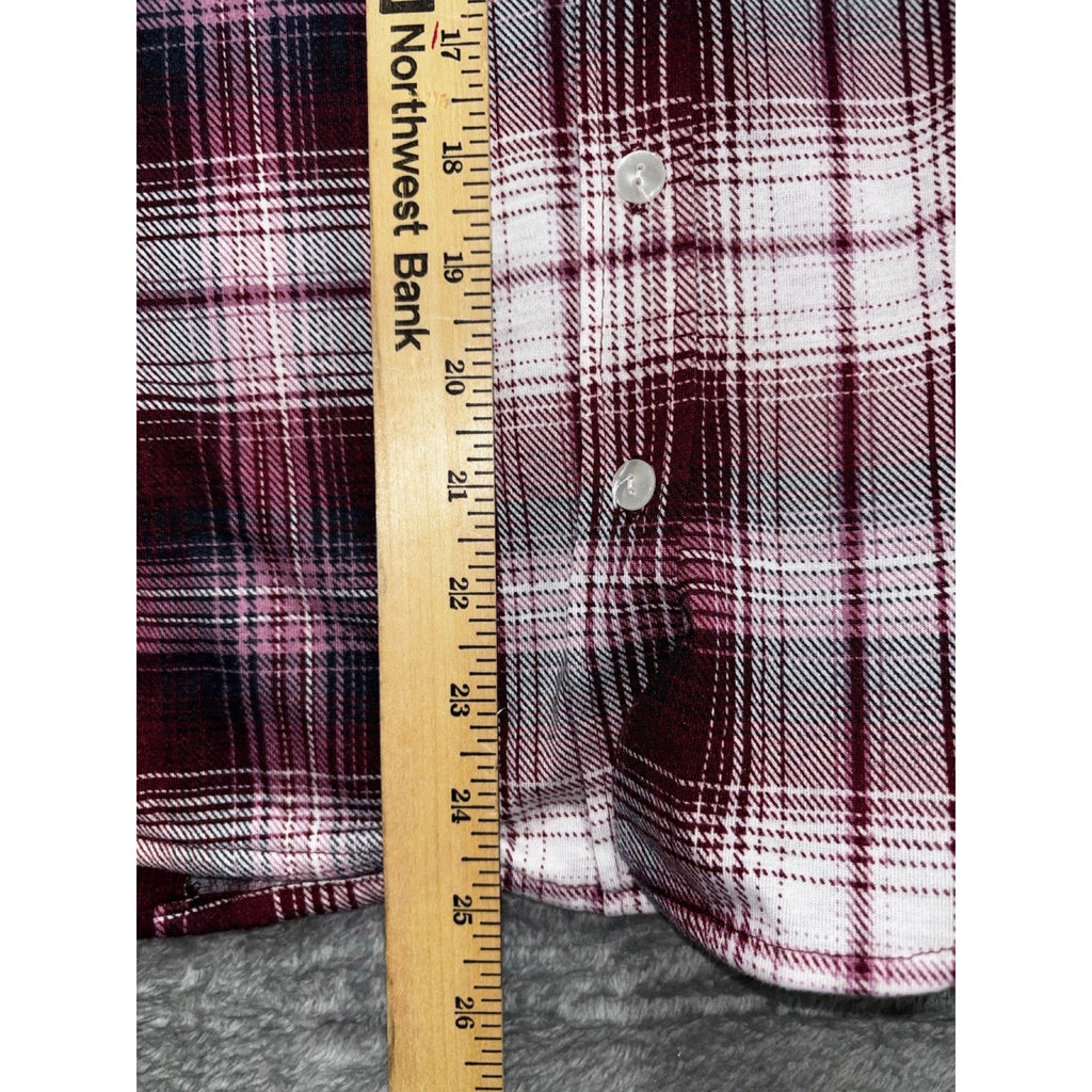 Always Indigo Womens 1X Burgundy Plaid Button Up Shirt Boho Casual Mixed Media