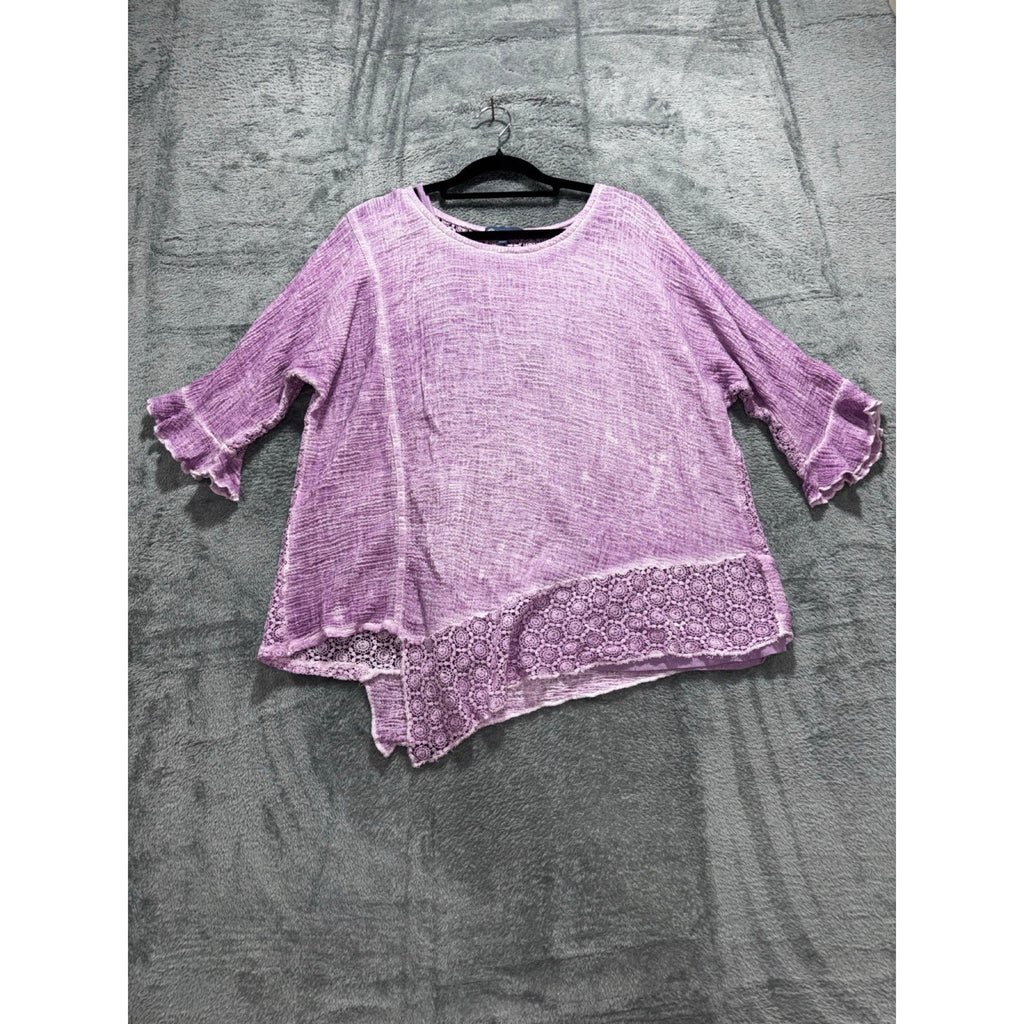 Democracy L Womens Lavender Crochet Lace Gauze Top Ruffle Sleeve Boho Blouse