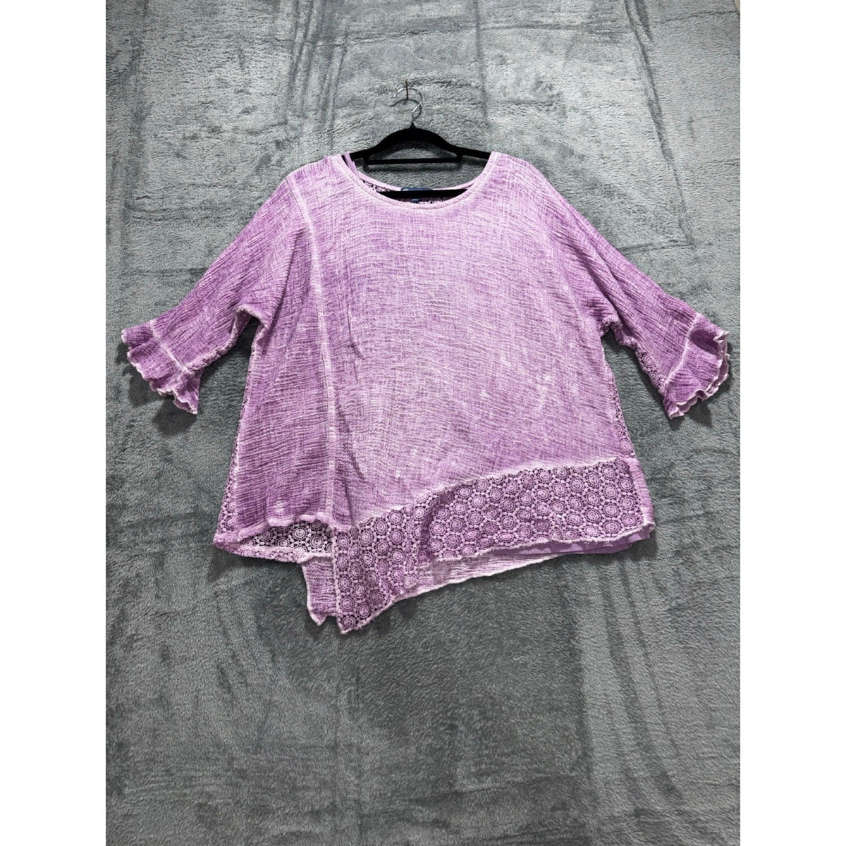 Democracy L Womens Lavender Crochet Lace Gauze Top Ruffle Sleeve Boho Blouse