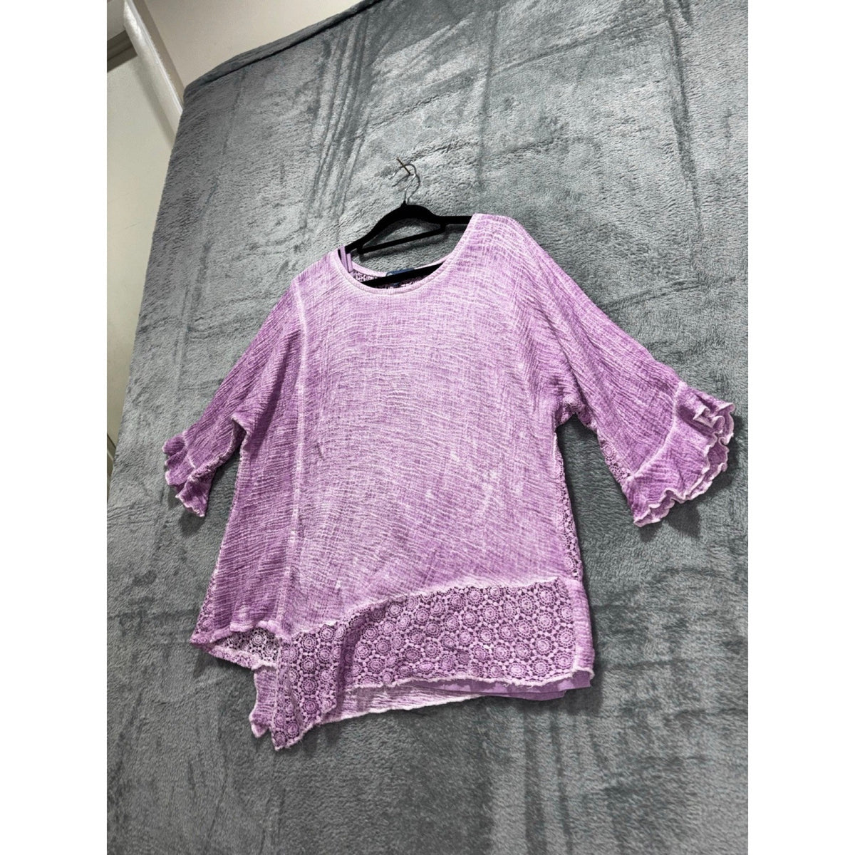 Democracy L Womens Lavender Crochet Lace Gauze Top Ruffle Sleeve Boho Blouse