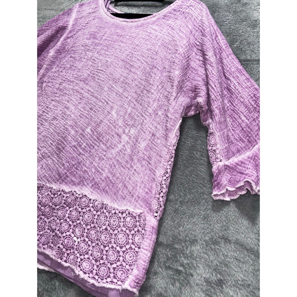 Democracy L Womens Lavender Crochet Lace Gauze Top Ruffle Sleeve Boho Blouse
