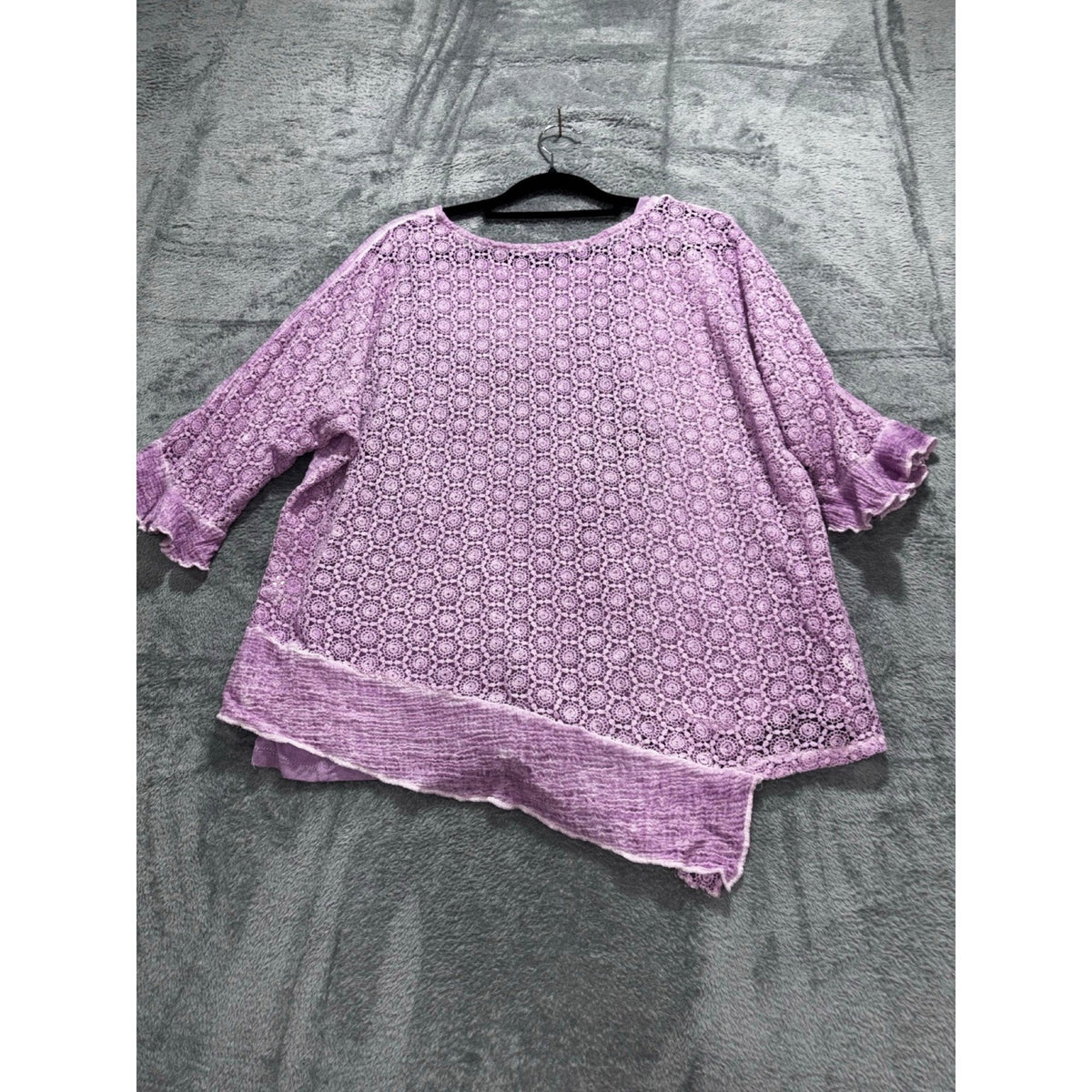Democracy L Womens Lavender Crochet Lace Gauze Top Ruffle Sleeve Boho Blouse