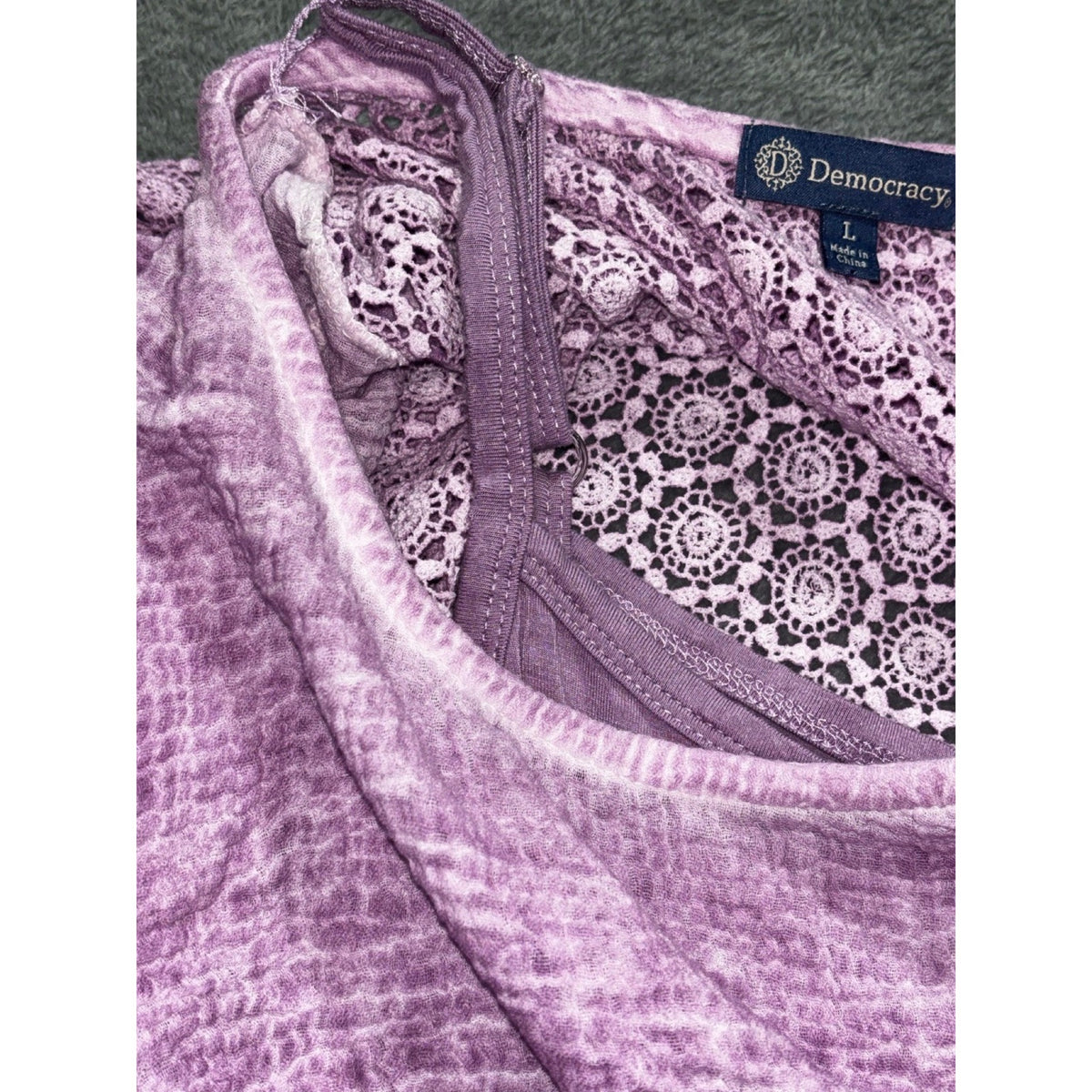 Democracy L Womens Lavender Crochet Lace Gauze Top Ruffle Sleeve Boho Blouse
