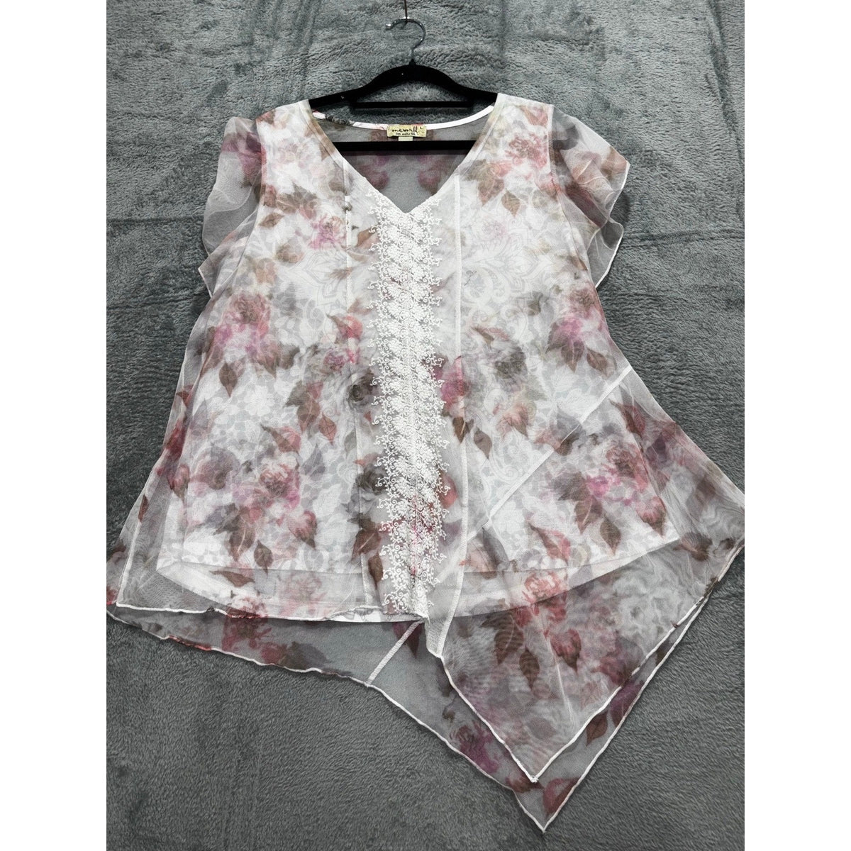 oneworld L Womens White Floral Sheer Chiffon Lace Front Boho Top
